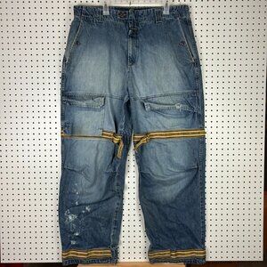 Girbuad Baggy Shuttle Tape Jeans 40x34 RARE Hip Hop 90s Blue Gold Tupac Distress